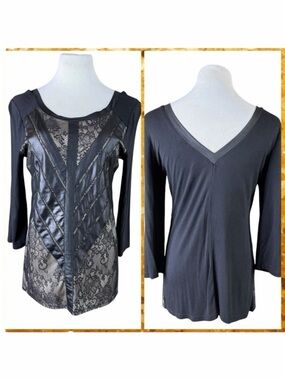 BKE Nude with Black Vegan Leather & Lace Overlay 3/4 Sleeve Blouse - Size Medium